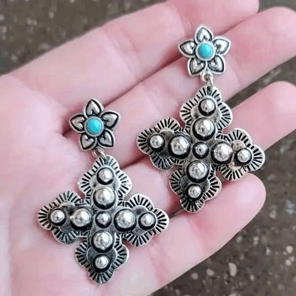 Western Flower Cross Silver Plated Turquoise Dangle Earrings - Picture 6 of 6